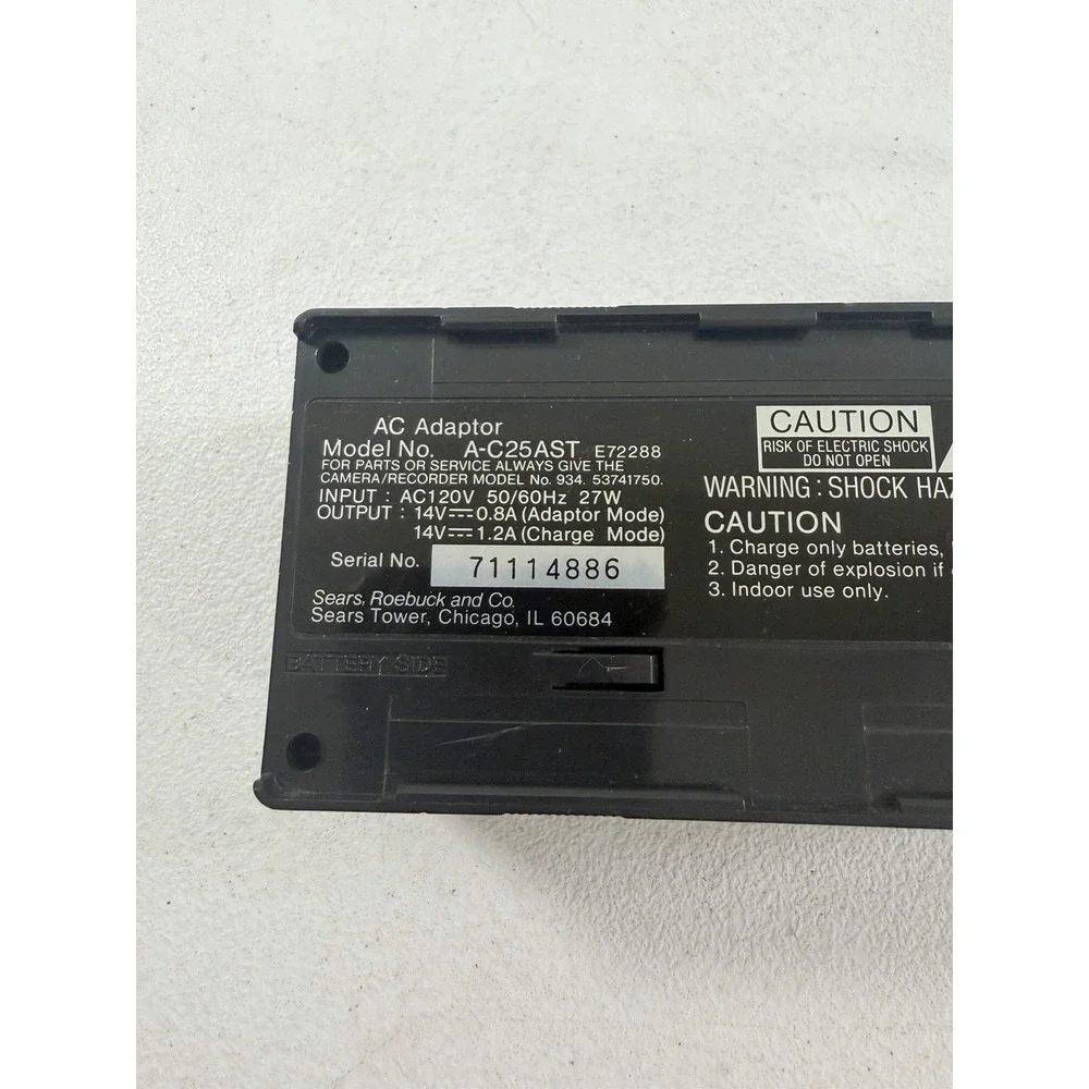 Sears Roebuck A-C25AST E72288 AC Adaptor Camcorder‎ Battery Charger Power Supply